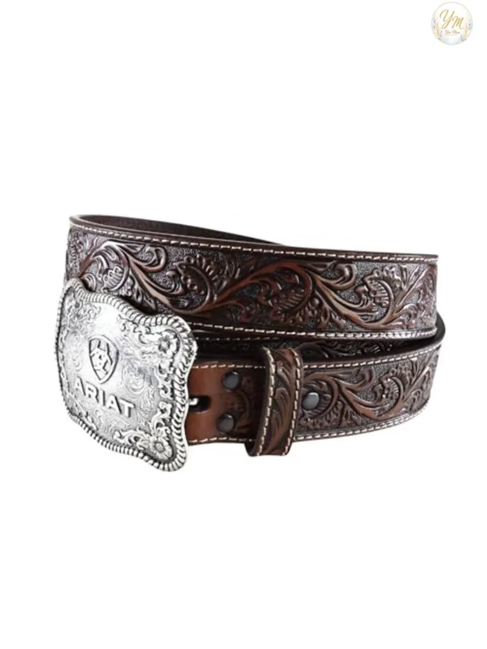 Floral Embossed Leather Western Belt with Antiqued Silver Cowboy Buckle, 1-1/2